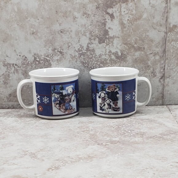 2002 Boyds Collection Bears Sledding Winter Scene Coffee Cups Mugs Set Vintage - Picture 2 of 11
